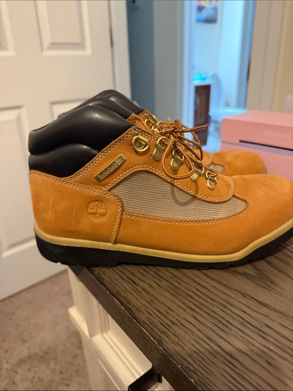 Timberland Kids Orange Suede Hiking Boots with Black Collar 7 Boys
